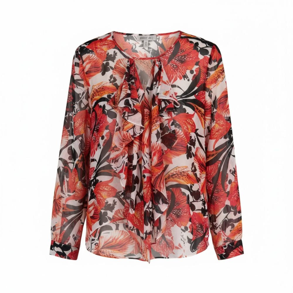Jennifer Lopez Women's Floral Ruffle Keyhole Neck Chiffon Blouse - Picture 3 of 13